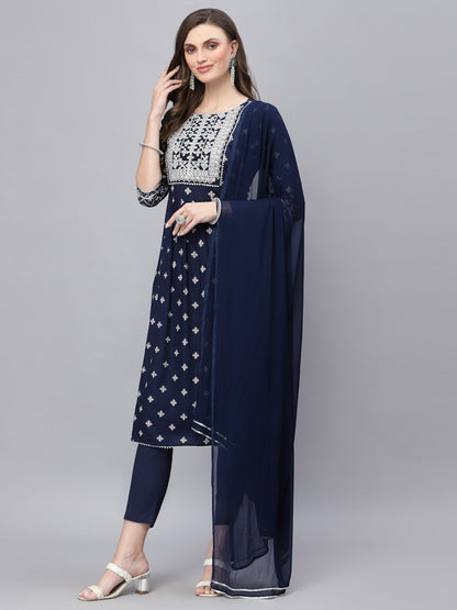 Printed & Embroidered Rayon Straight Kurta Pant Dupatta Set (Pre-Order)