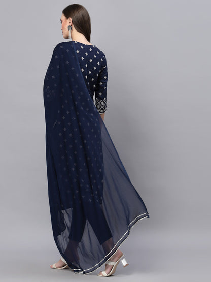 Printed & Embroidered Rayon Straight Kurta Pant Dupatta Set (Pre-Order)