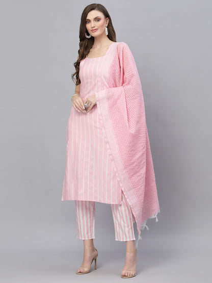 Woven designed Cotton Blend Straight Kurta Pant Dupatta Set (Pre-Order)