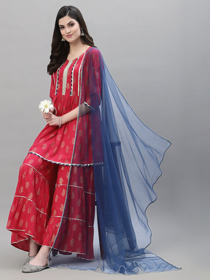 Gold Printed Rayon A-Line Kurta Sharara Dupatta Set (Pre-Order)