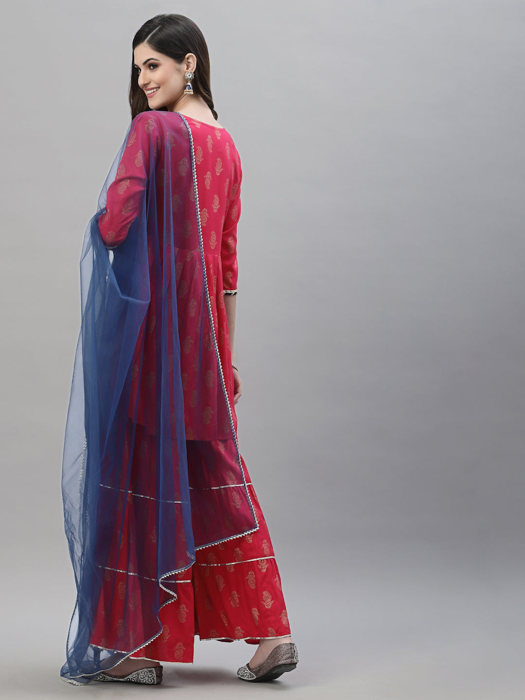 Gold Printed Rayon A-Line Kurta Sharara Dupatta Set (Pre-Order)