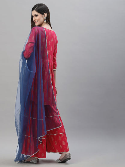 Gold Printed Rayon A-Line Kurta Sharara Dupatta Set (Pre-Order)