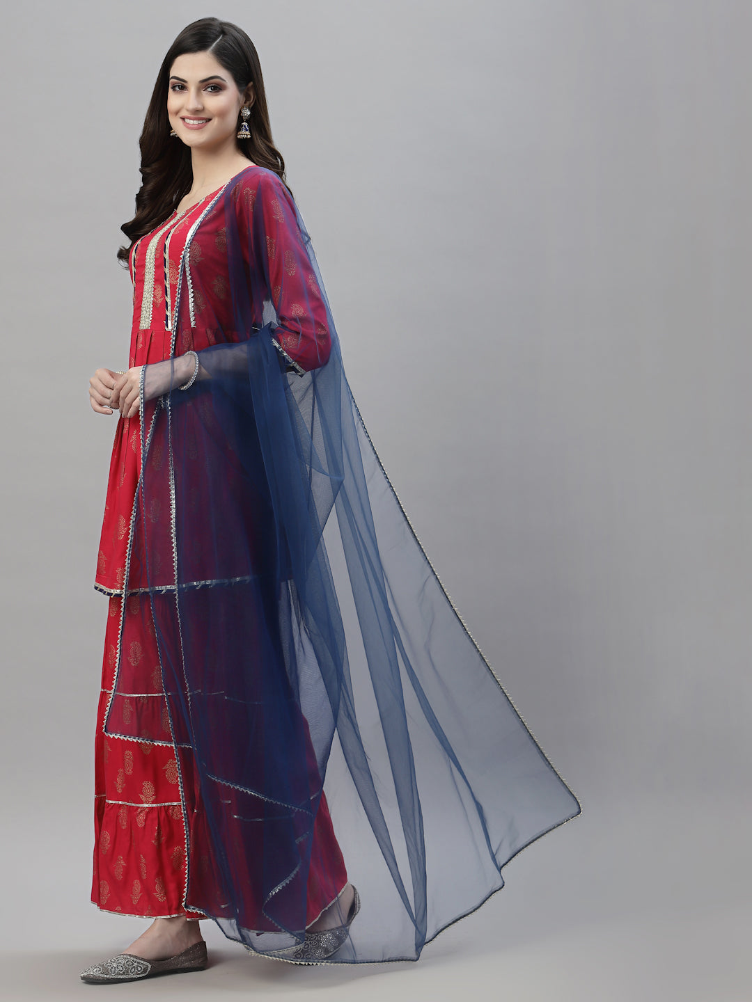 Gold Printed Rayon A-Line Kurta Sharara Dupatta Set (Pre-Order)