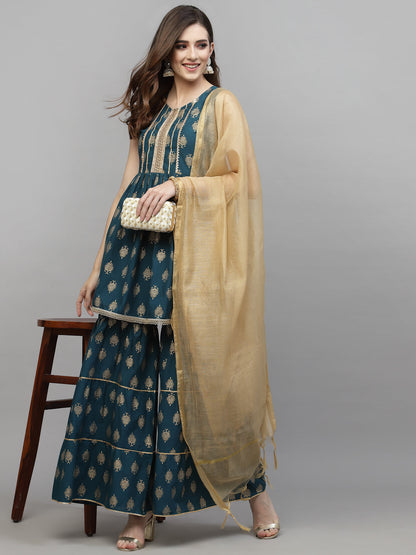 Gold Printed Cotton Kurta Sharara Dupatta Set (Pre-Order)