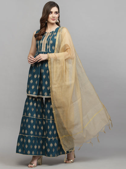 Gold Printed Cotton Kurta Sharara Dupatta Set (Pre-Order)