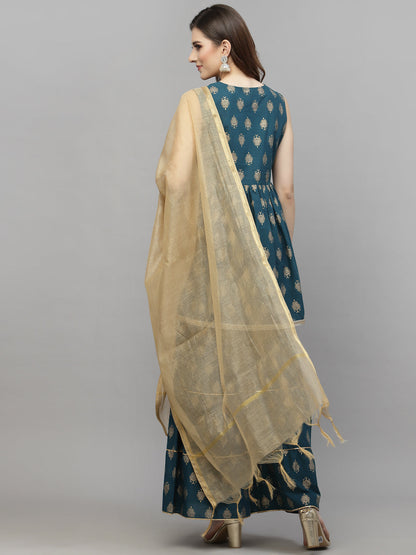Gold Printed Cotton Kurta Sharara Dupatta Set (Pre-Order)