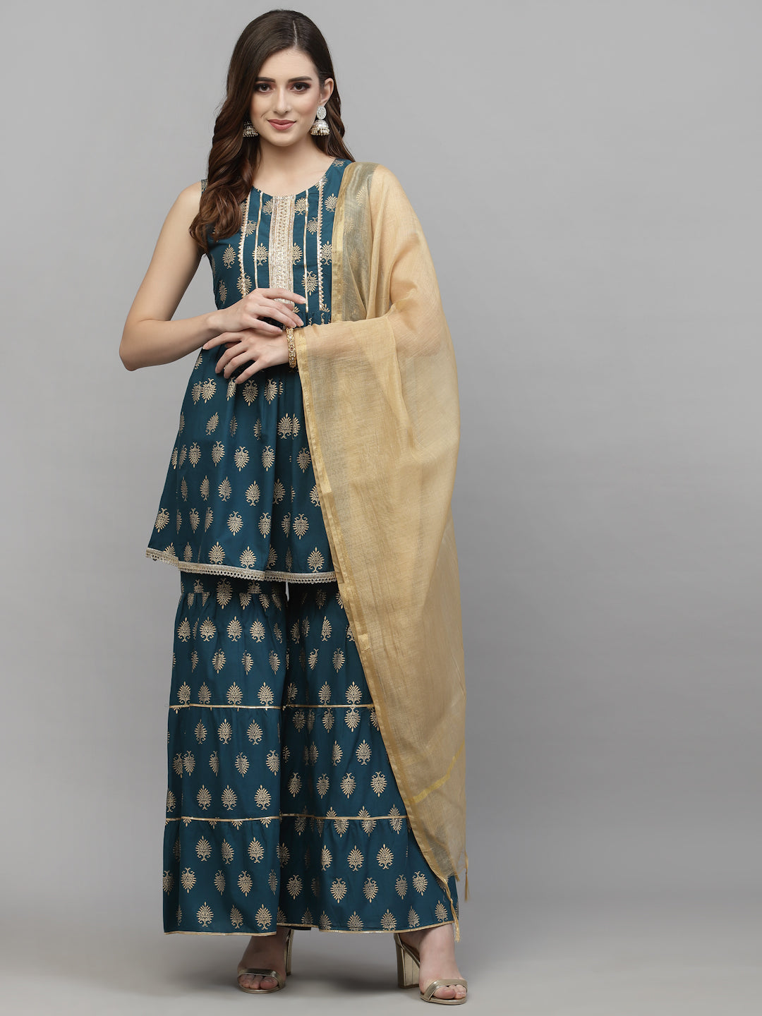 Gold Printed Cotton Kurta Sharara Dupatta Set (Pre-Order)