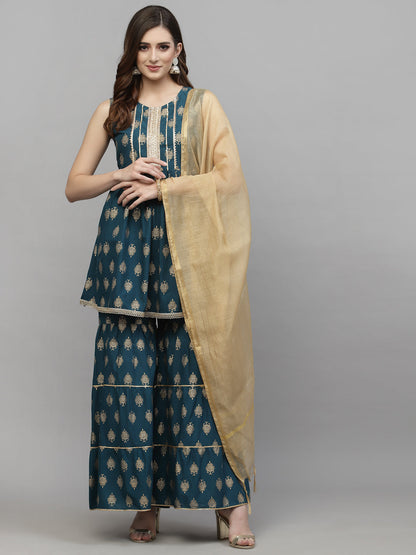 Gold Printed Cotton Kurta Sharara Dupatta Set (Pre-Order)