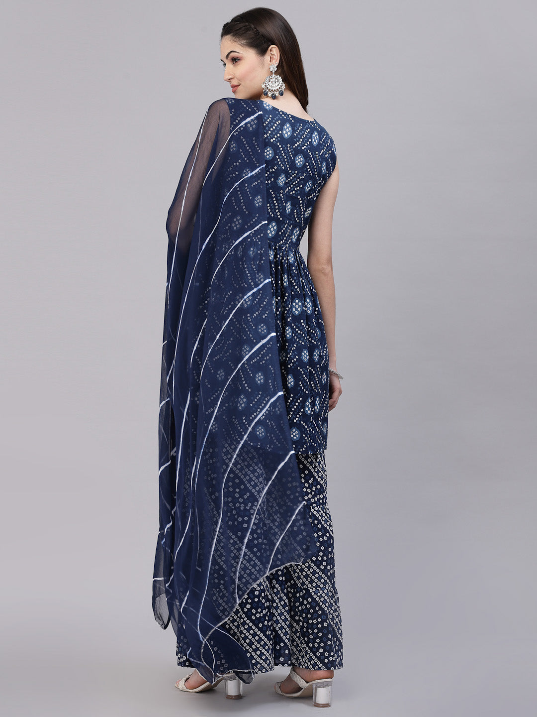 Bandhej Printed Cotton Flared Short Kurta Sharara Dupatta Set (Pre-Order)