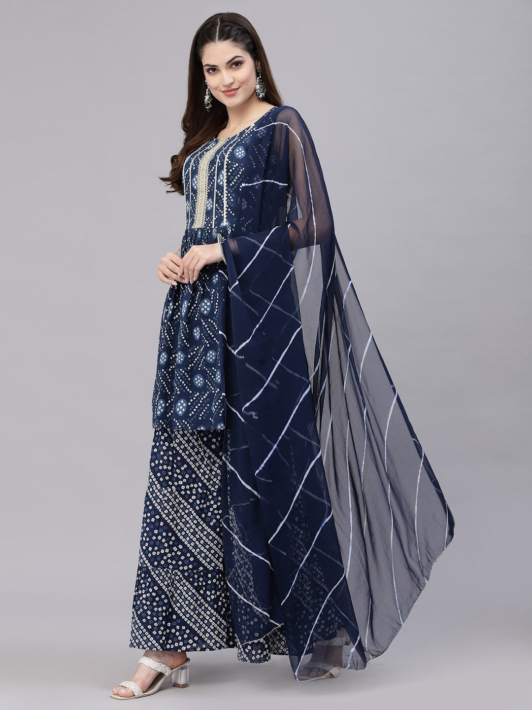 Bandhej Printed Cotton Flared Short Kurta Sharara Dupatta Set (Pre-Order)