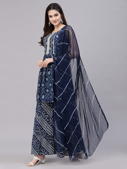 Bandhej Printed Cotton Flared Short Kurta Sharara Dupatta Set (Pre-Order)