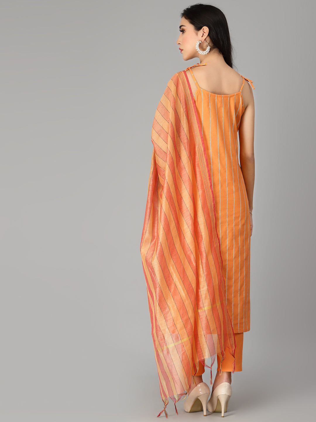 Striped Cotton Blend Straight Kurta Pant Dupatta Set (Pre-Order)
