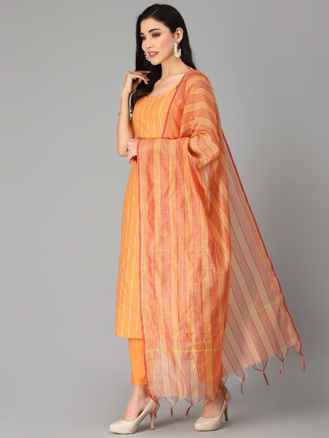 Striped Cotton Blend Straight Kurta Pant Dupatta Set (Pre-Order)