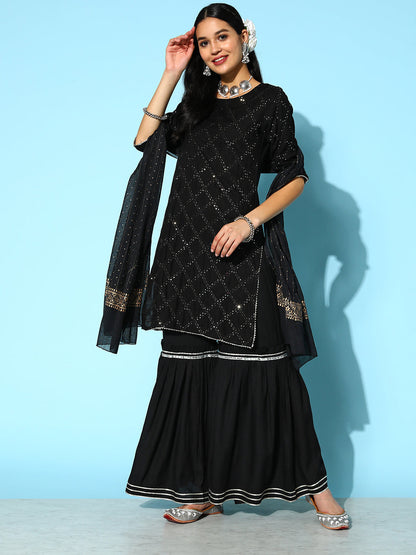 Sequenced Rayon Kurta Sharara Dupatta Set (Pre-Order)