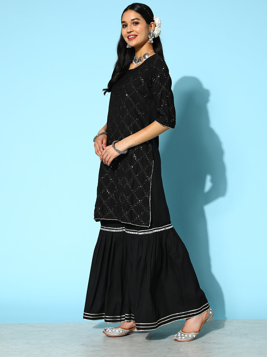 Sequenced Rayon Kurta Sharara Dupatta Set (Pre-Order)