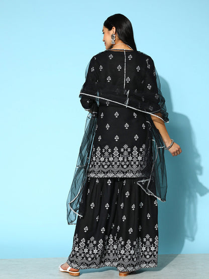 Printed Rayon Kurta Sharara Dupatta Set (Pre-Order)