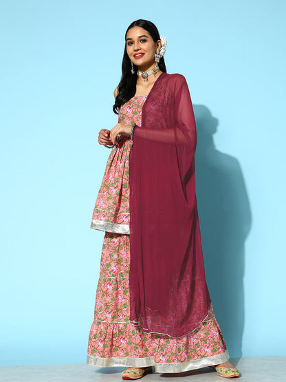 Floral Printed Cotton Kurta Sharara with Dupatta (Pre-Order)