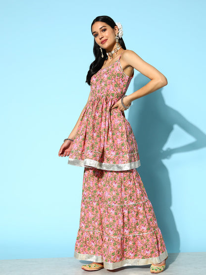 Floral Printed Cotton Kurta Sharara with Dupatta (Pre-Order)