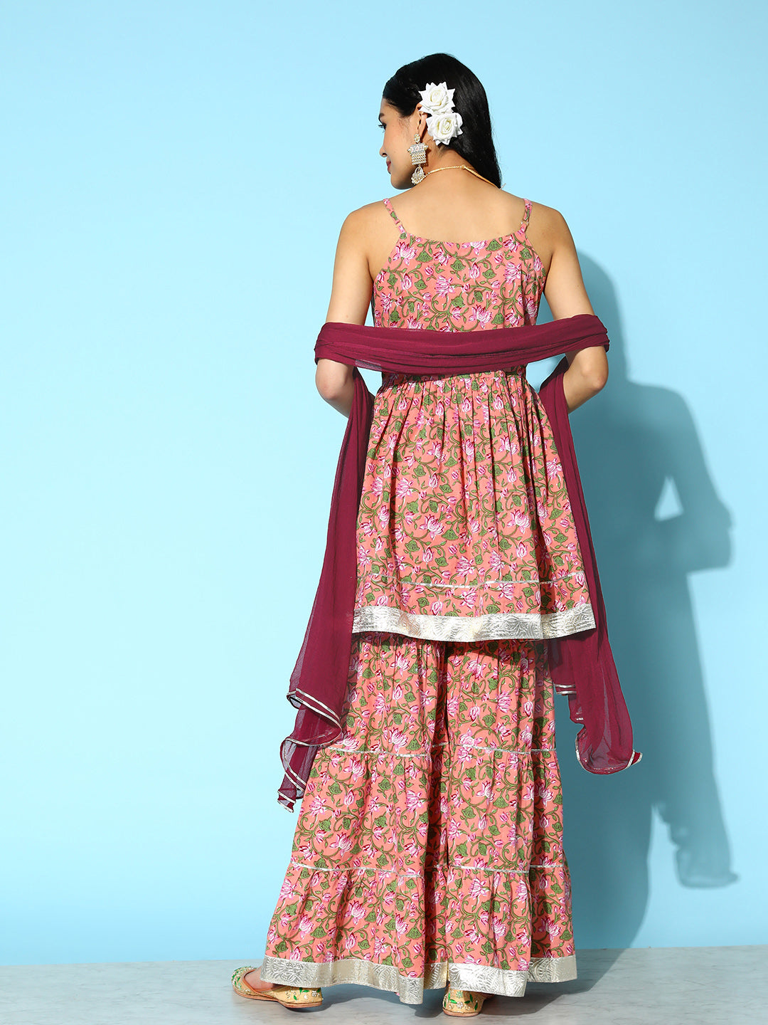 Floral Printed Cotton Kurta Sharara with Dupatta (Pre-Order)