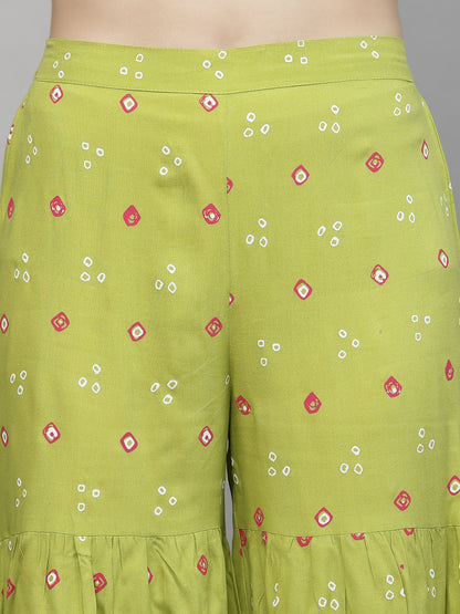 Bandhej Printed & Embroidered Rayon Kurti Sharara Dupatta Set (Pre-Order)