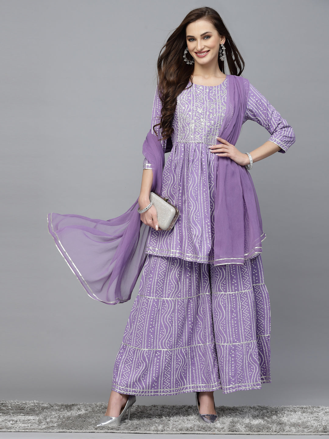 Bandhej Printed & Embroidered Kurta Sharara Dupatta Set (Pre-Order)