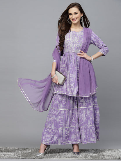 Bandhej Printed & Embroidered Kurta Sharara Dupatta Set (Pre-Order)