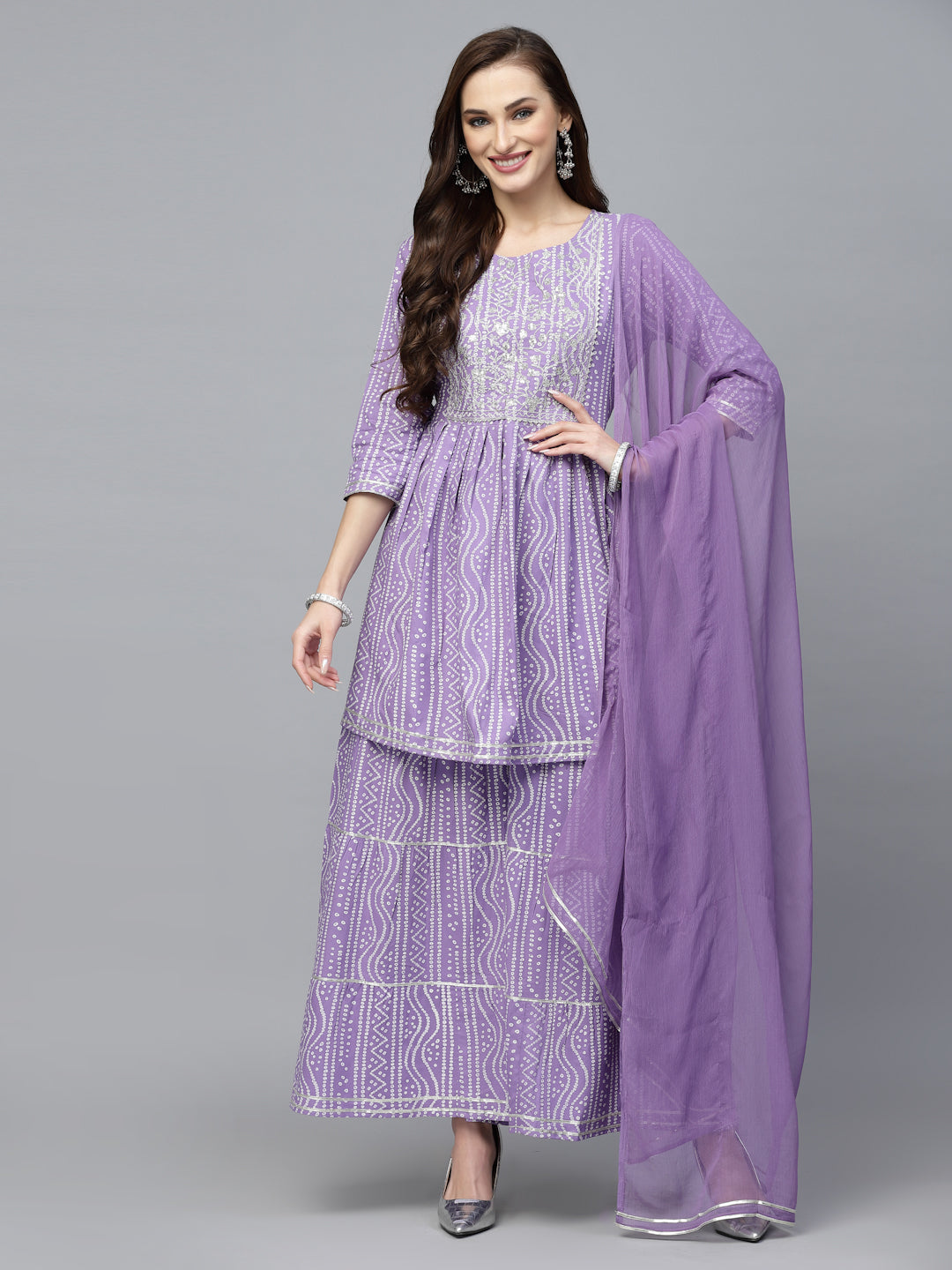 Bandhej Printed & Embroidered Kurta Sharara Dupatta Set (Pre-Order)