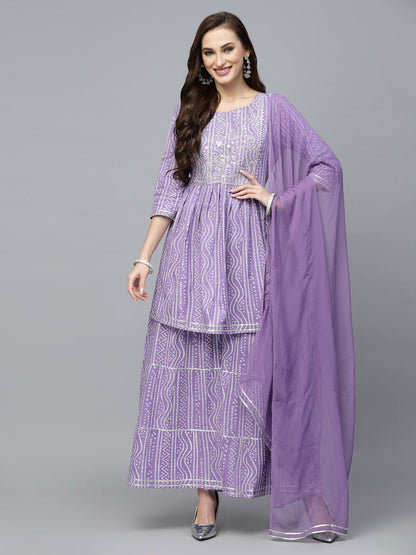 Bandhej Printed & Embroidered Kurta Sharara Dupatta Set (Pre-Order)