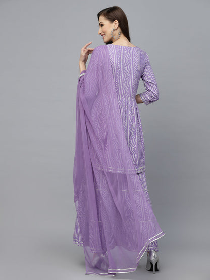 Bandhej Printed & Embroidered Kurta Sharara Dupatta Set (Pre-Order)