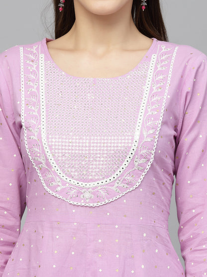 Printed & Embroidered Cotton Anarkali Kurta Pant Dupatta Set (Pre-Order)