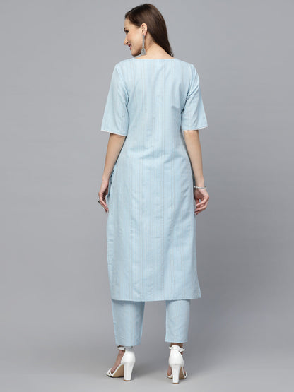 Self Woven Striped Cotton Blend Straight Kurta Pant Set (Pre-Order)