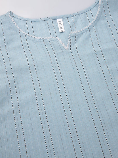 Self Woven Striped Cotton Blend Straight Kurta Pant Set (Pre-Order)