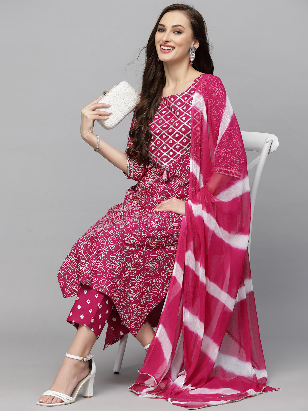 Bandhej Printed Rayon Kurta Pant Dupatta Set (Pre-Order)