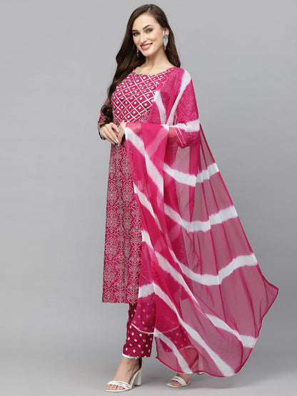 Bandhej Printed Rayon Kurta Pant Dupatta Set (Pre-Order)