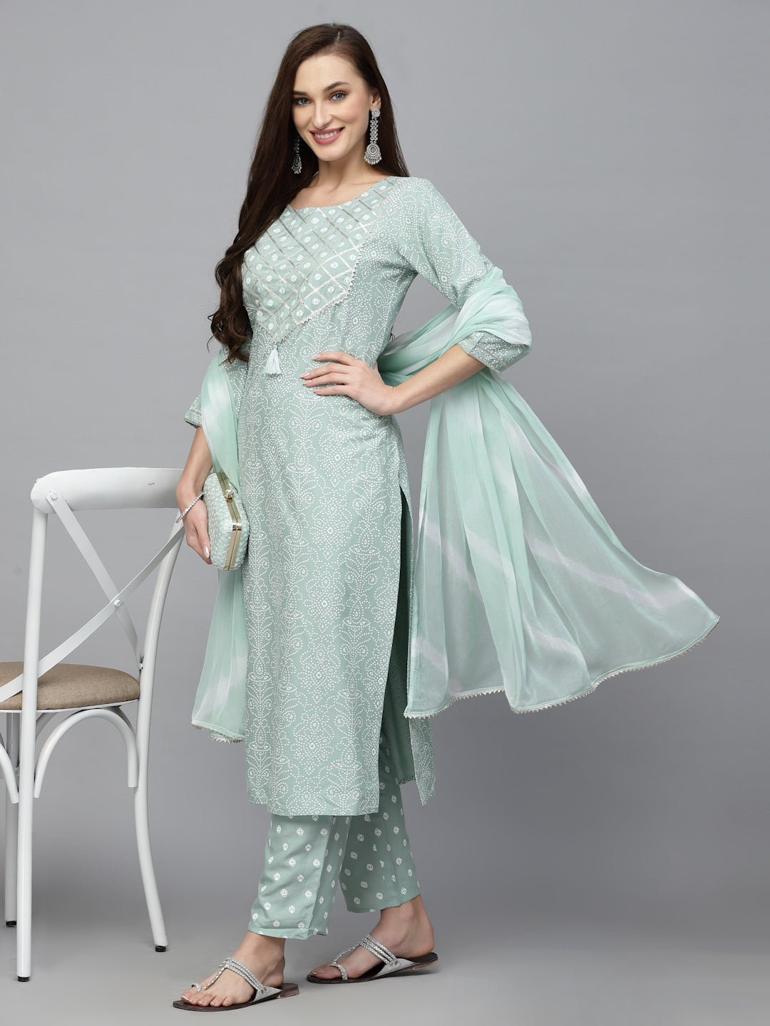 Bandhej Printed Rayon Kurta Pant Dupatta Set (Pre-Order)