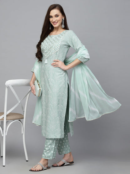 Bandhej Printed Rayon Kurta Pant Dupatta Set (Pre-Order)