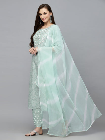 Bandhej Printed Rayon Kurta Pant Dupatta Set (Pre-Order)