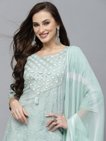 Bandhej Printed Rayon Kurta Pant Dupatta Set (Pre-Order)