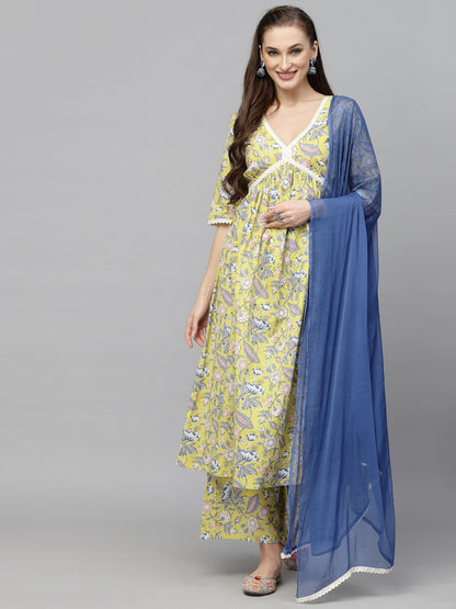Floral Printed Kurta Palazzo Dupatta Set (Pre-Order)
