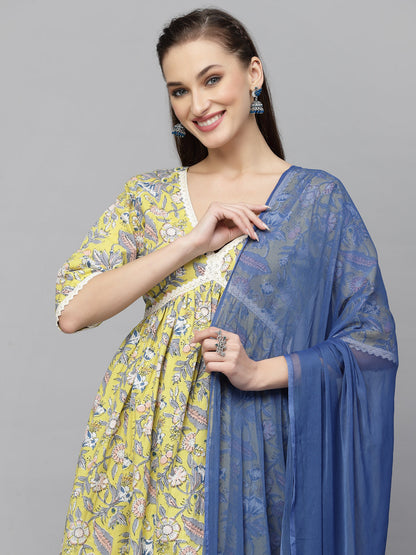 Floral Printed Kurta Palazzo Dupatta Set (Pre-Order)