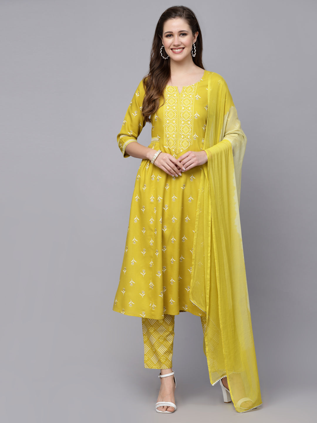 Floral Printed Rayon Kurta Pant Dupatta Set (Pre-Order)