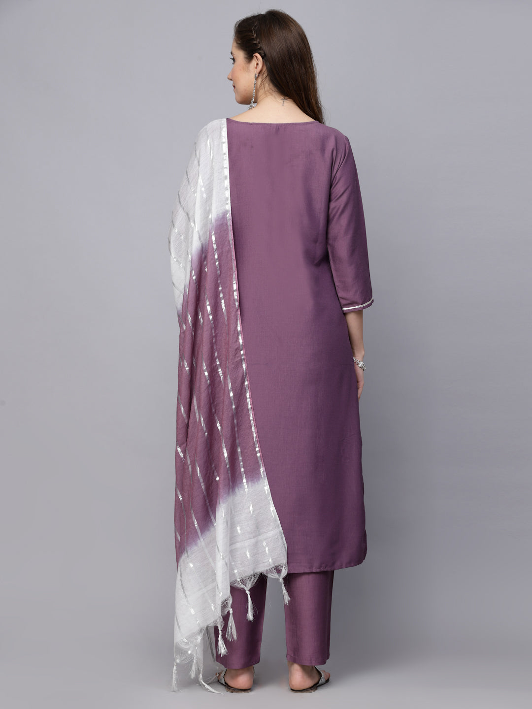 Embroidered Chinnon Straight Kurta Pant Dupatta Set (Pre-Order)