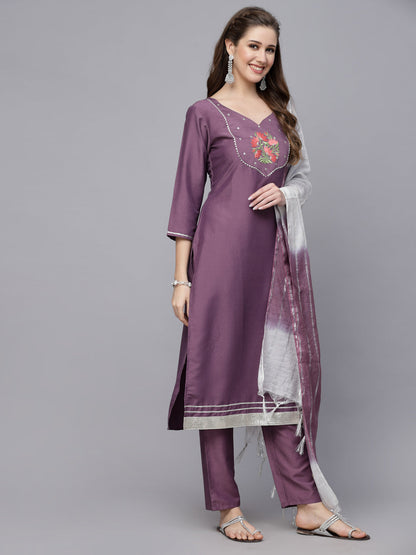 Embroidered Chinnon Straight Kurta Pant Dupatta Set (Pre-Order)
