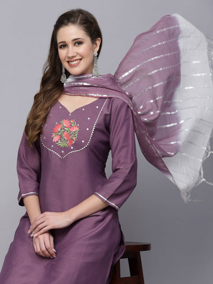 Embroidered Chinnon Straight Kurta Pant Dupatta Set (Pre-Order)
