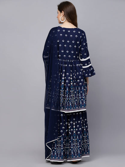 Printed Rayon Short Kurta with Sharara & Dupatta (Pre-Order)