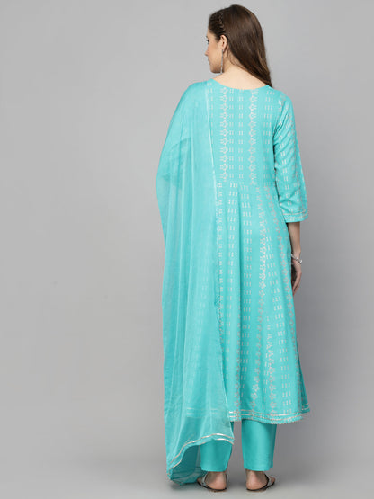 Printed Rayon Embroidered Anarkali Kurta Pant Dupatta Set (Pre-Order)