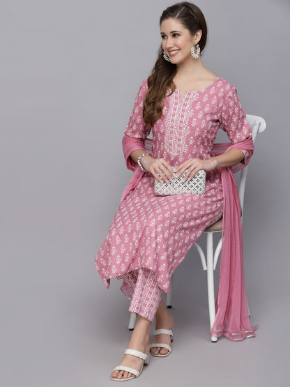 Floral Printed Rayon Kurta Pant Dupatta Set (Pre-Order)