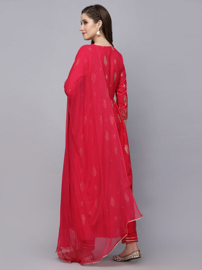 Gold Printed Rayon Naira Cut Kurta Pant Dupatta Set (Pre-Order)