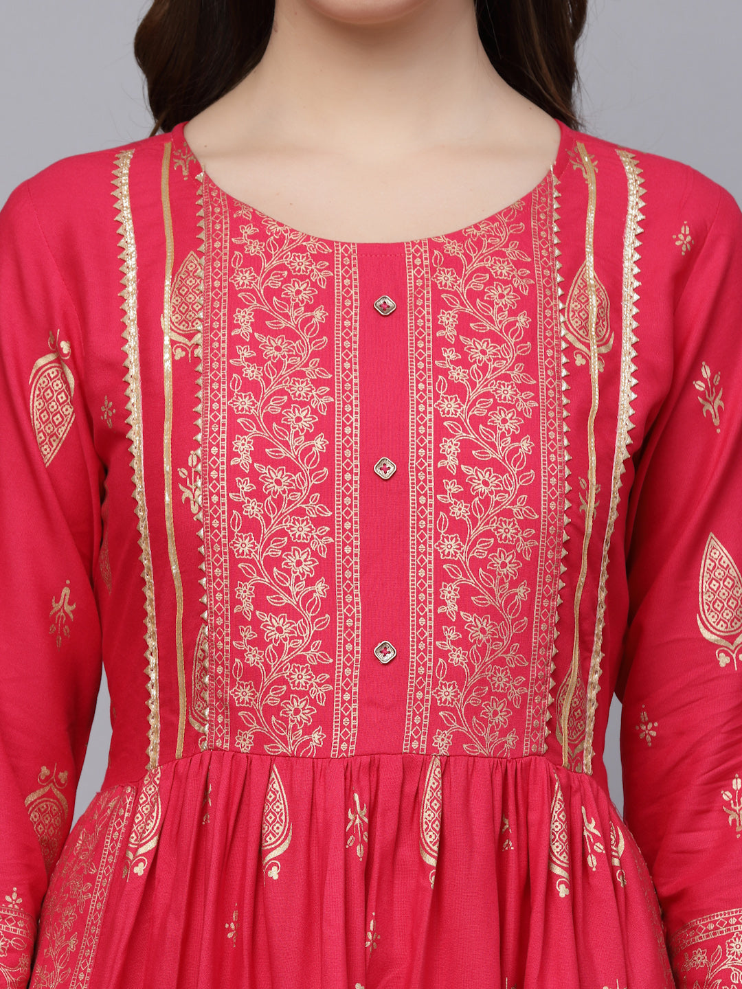 Gold Printed Rayon Naira Cut Kurta Pant Dupatta Set (Pre-Order)