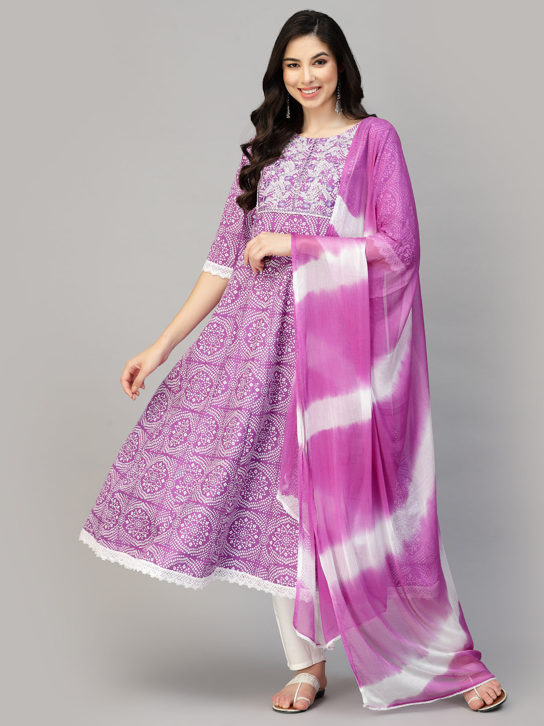 Bandhej Printed & Embroidered Anarkali Kurta Pant Dupatta Set (Pre-Order)